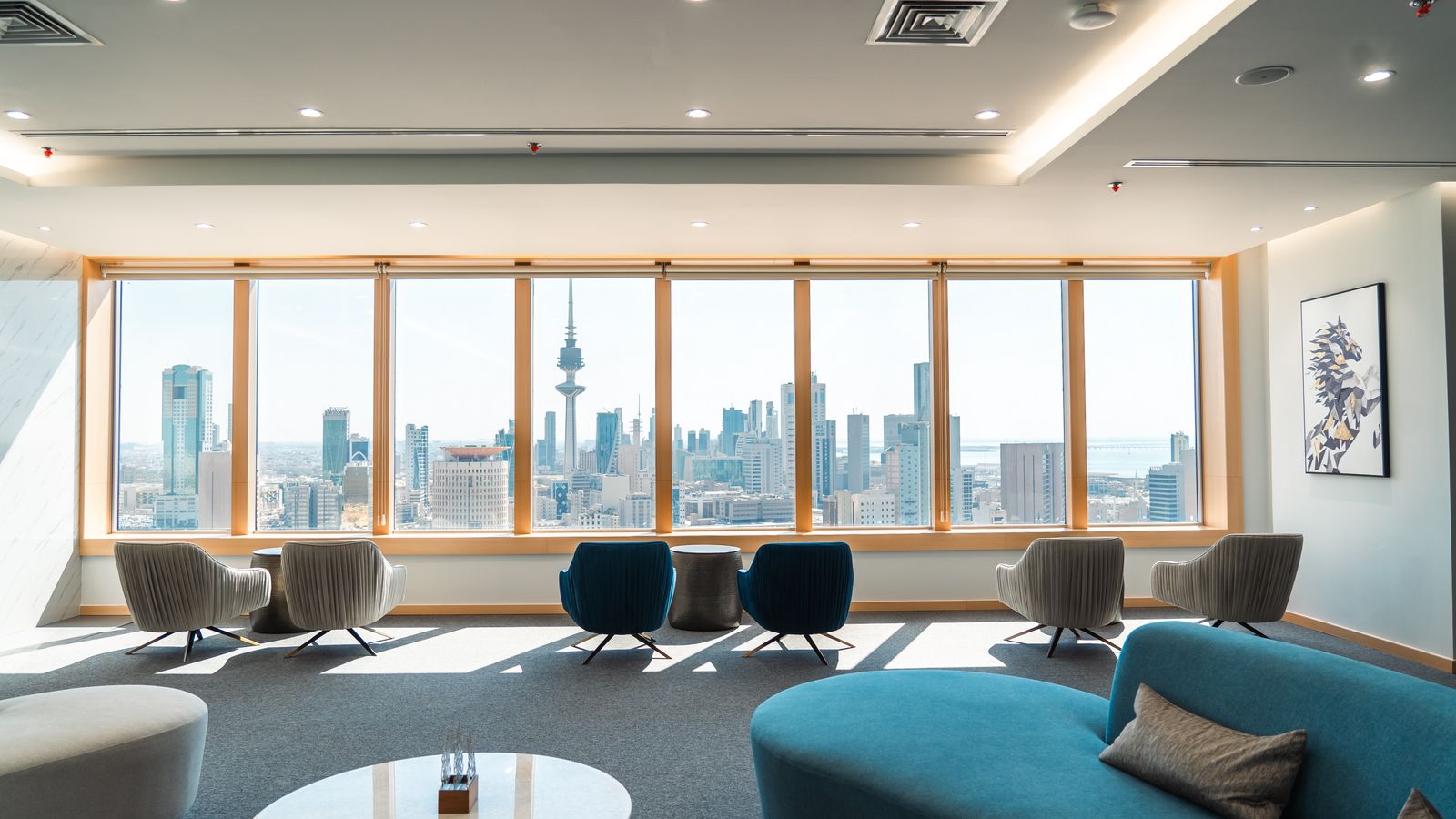 KAMCO executive lounge interior with Kuwait City skyline view